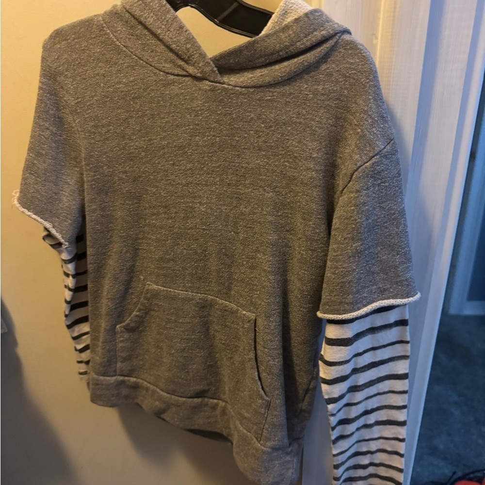 Gray Hoodie with Striped Sleeves